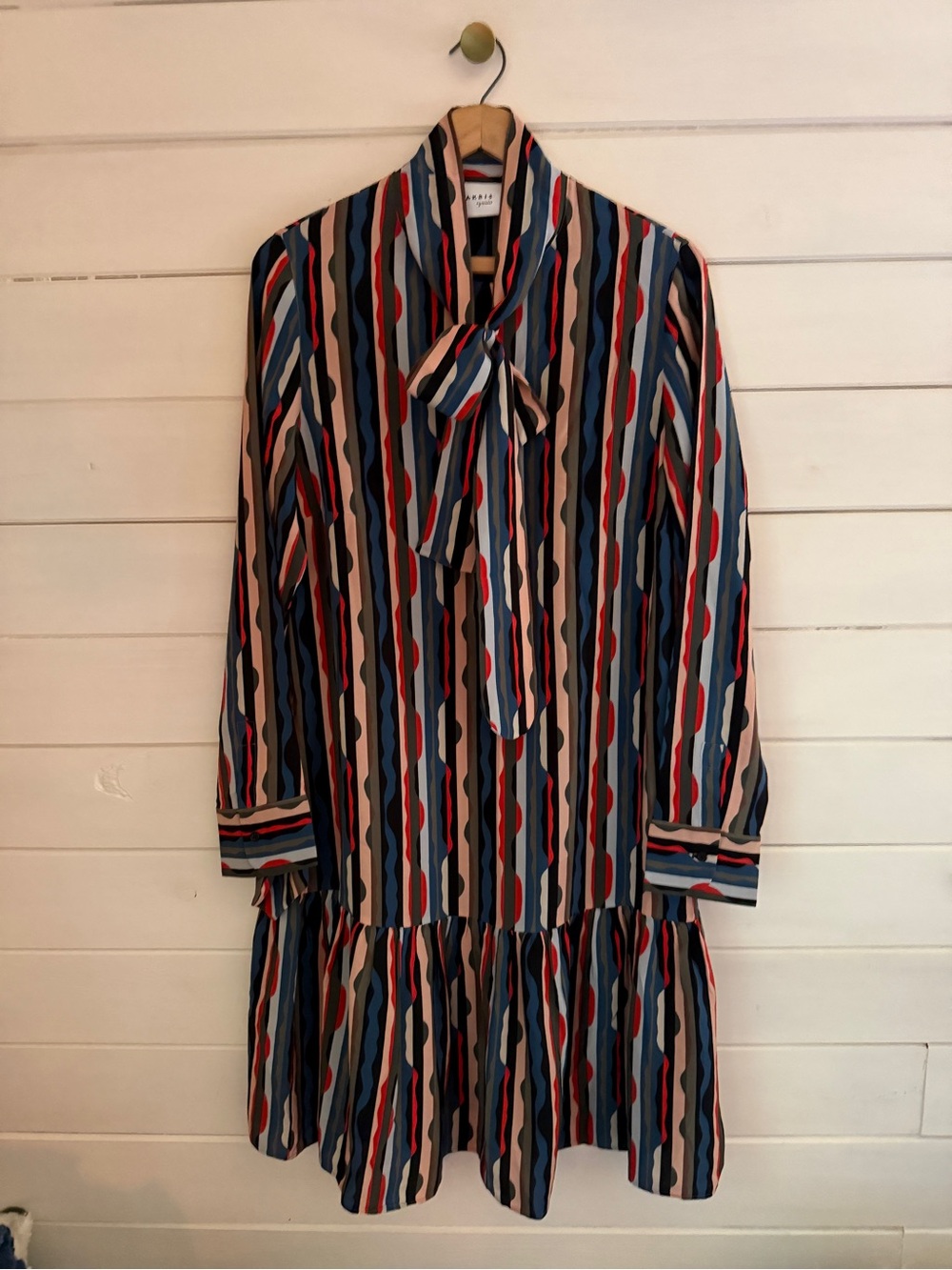 AKRIS PUNTO Multicolor Striped Silk Crepe Fluted Hem Bow Shift Dress US 12